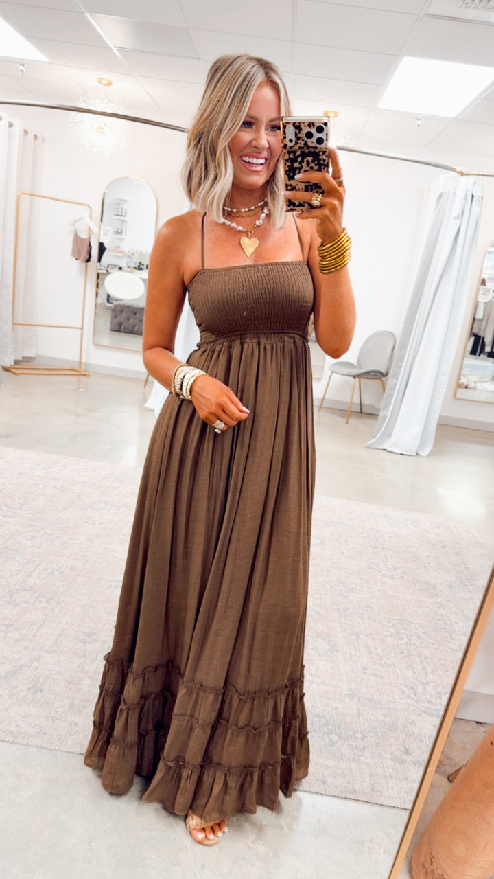 Viviana Smocked Halter Maxi Dress-Chocolate