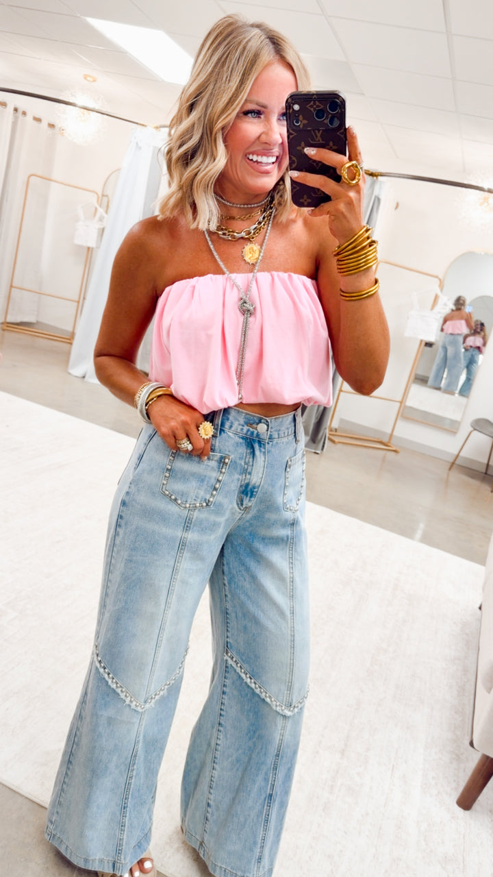 The Presley Stud Wide Leg Pants- Denim