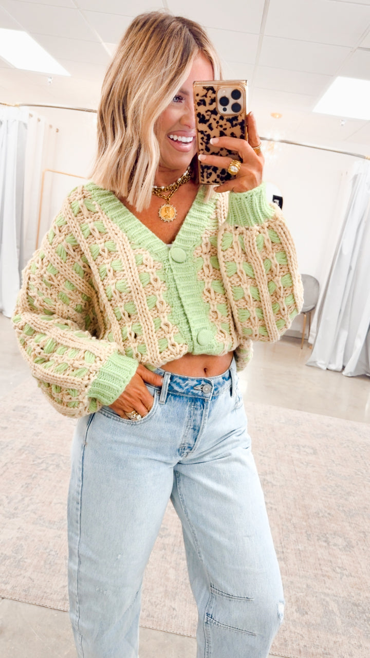 Chunky Lattice Cardigan-Green/Taupe