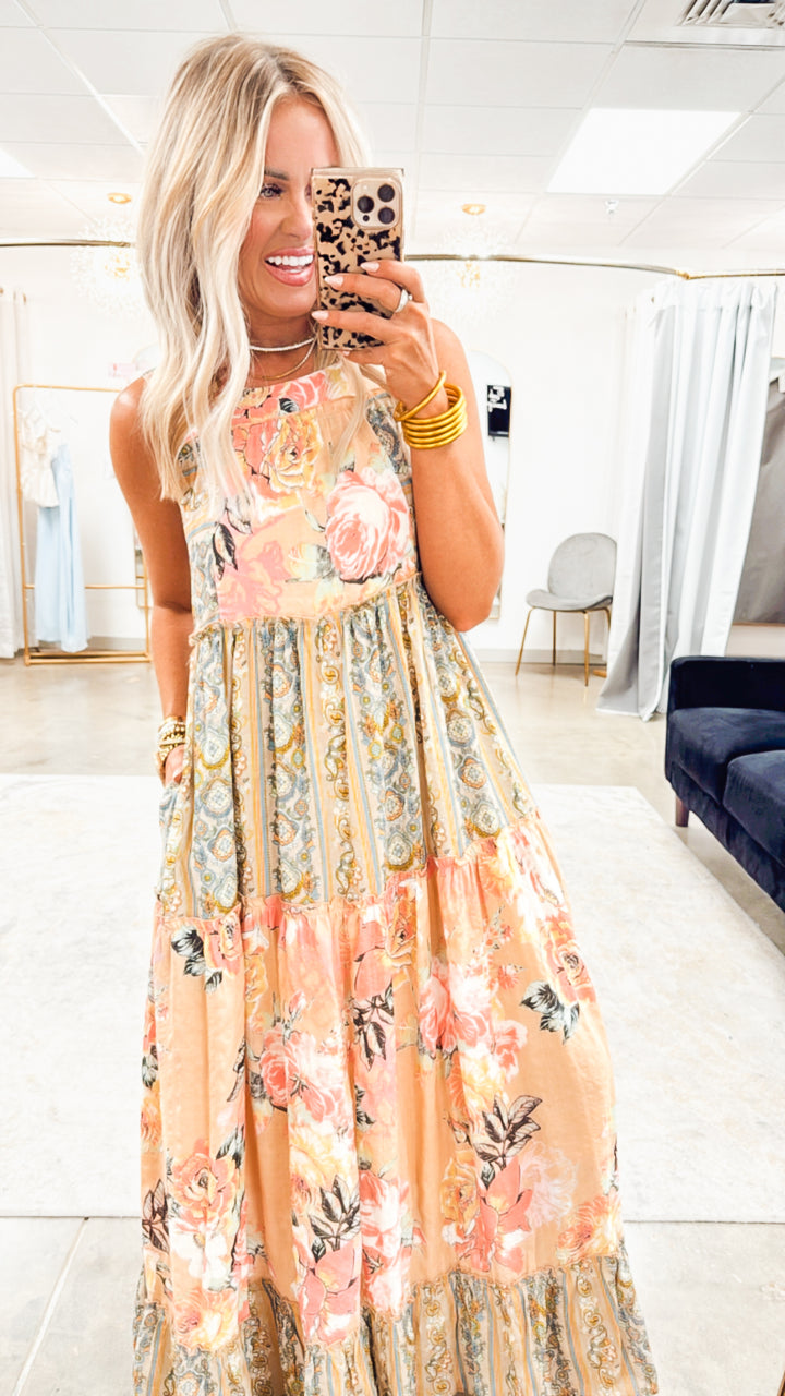 Floral Boho Midi Dress-Pink Beige