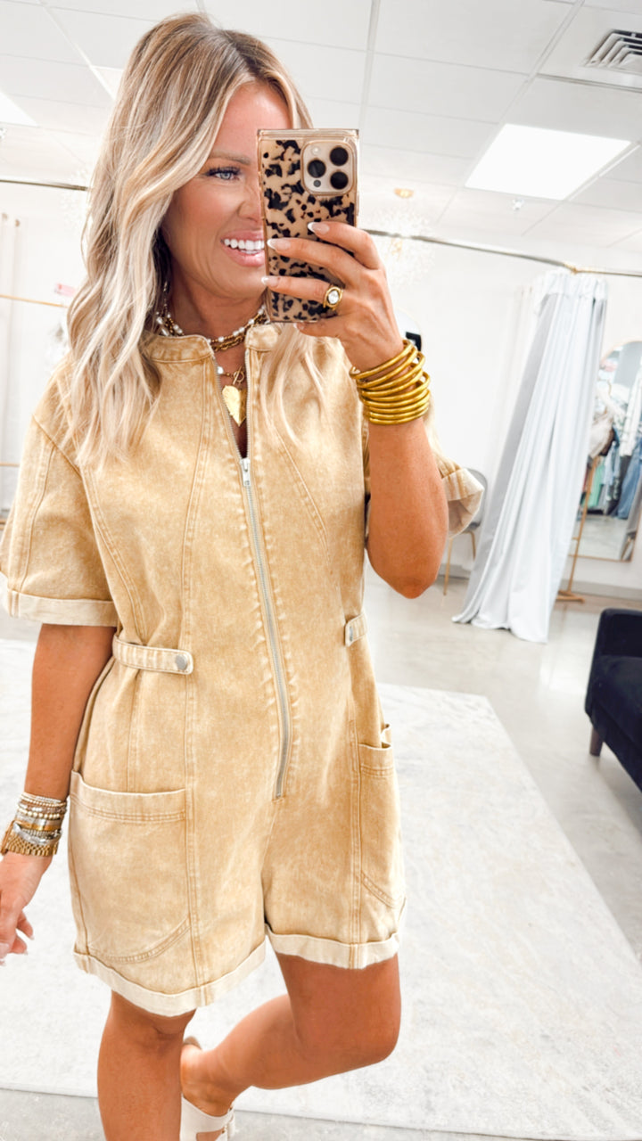 Khloe Zip Up Shortalls-Camel