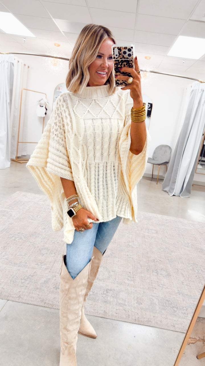 Everlyn Mock Neck Poncho Sweater-Cream