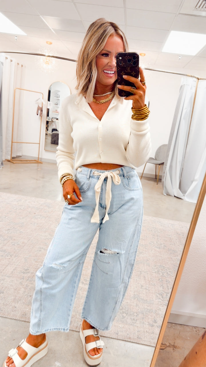 Emmie Eyelet Belted Barrel Jeans