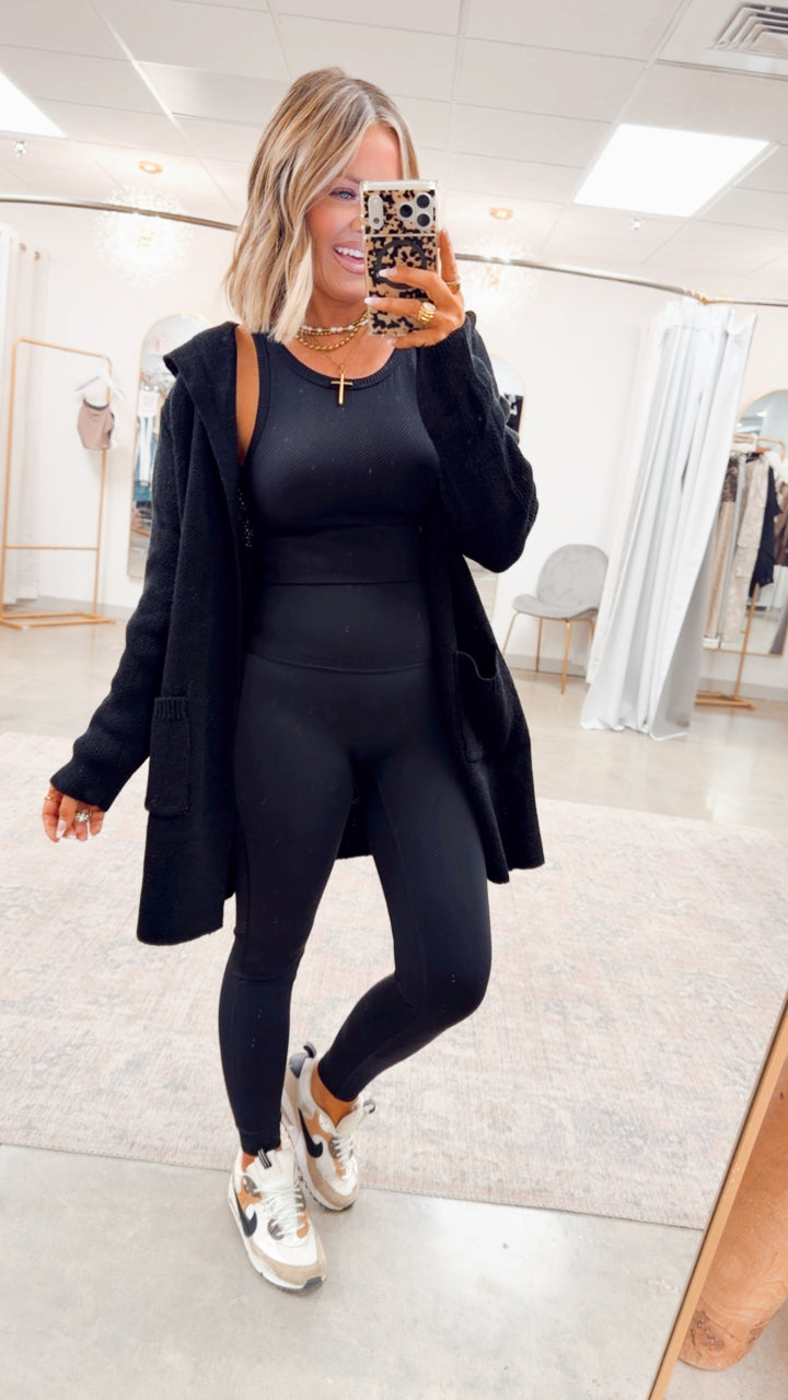 Hooded Open Front Sweater Cardigan-Black