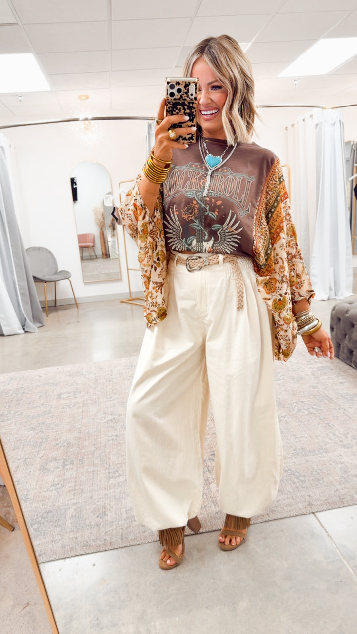 Rock N Roll Graphic Kantha Top-Brown