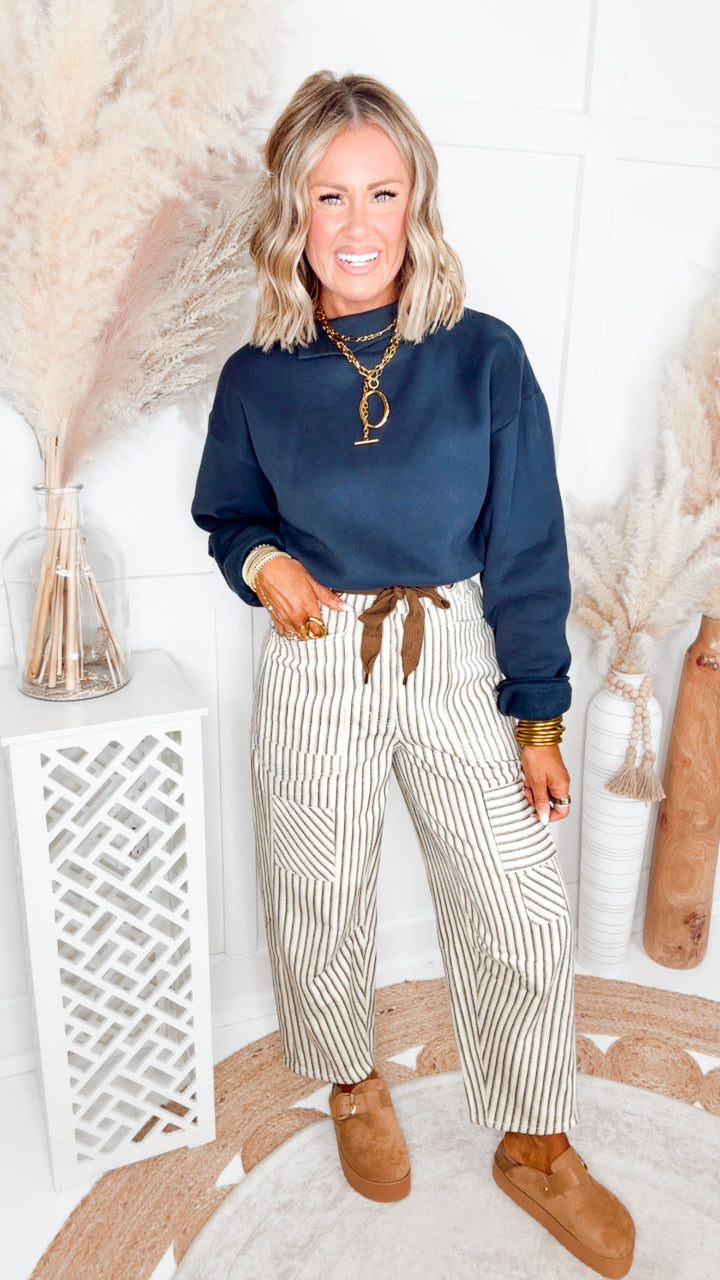 The Brighton Stripe Pants-Oatmeal/Navy