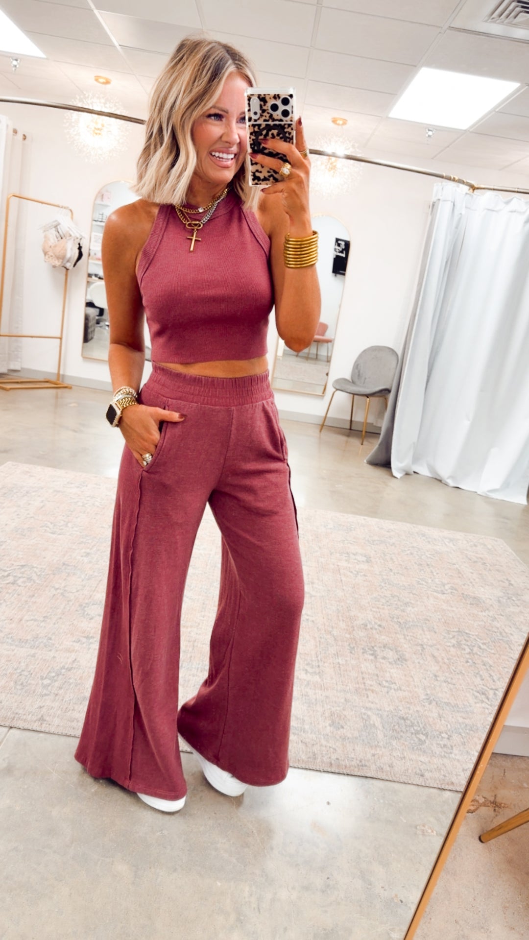 Harlow Halter Neck Crop Top & Pants Set-Wine