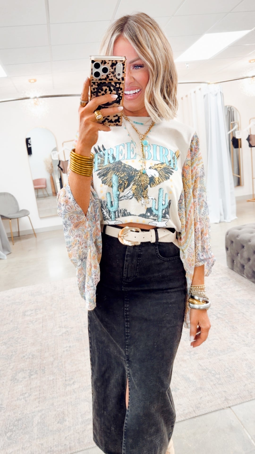 Free Bird Scarf Print Kantha Top-Bone