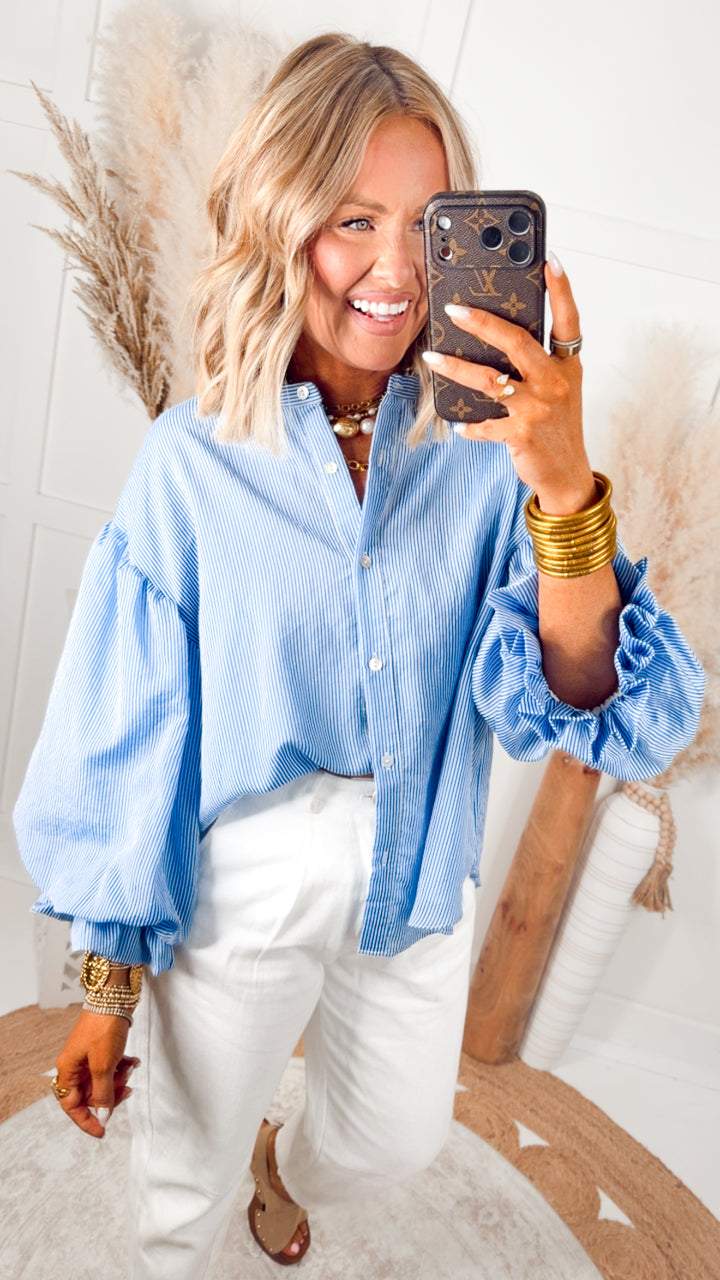 Pinstripe Bubble Sleeve Top