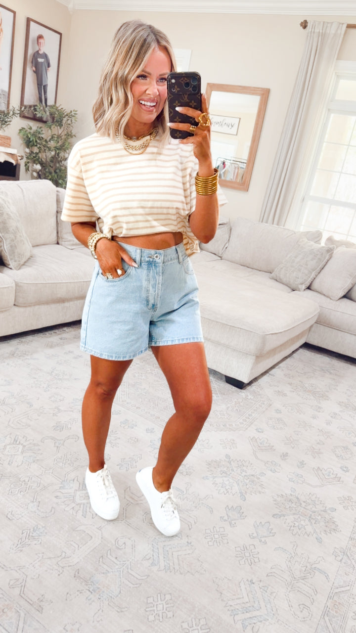 The Essential Cropped Stripe Tee-Taupe