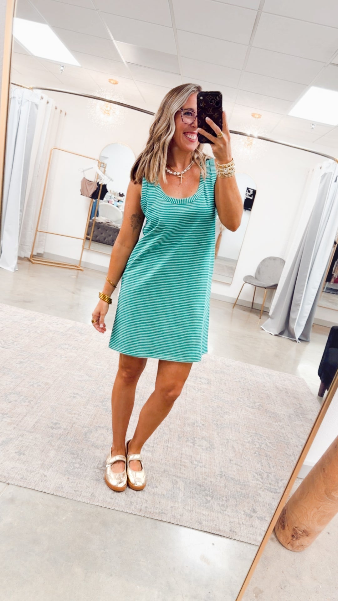 The Riviera Tank Dress-Green/Cream