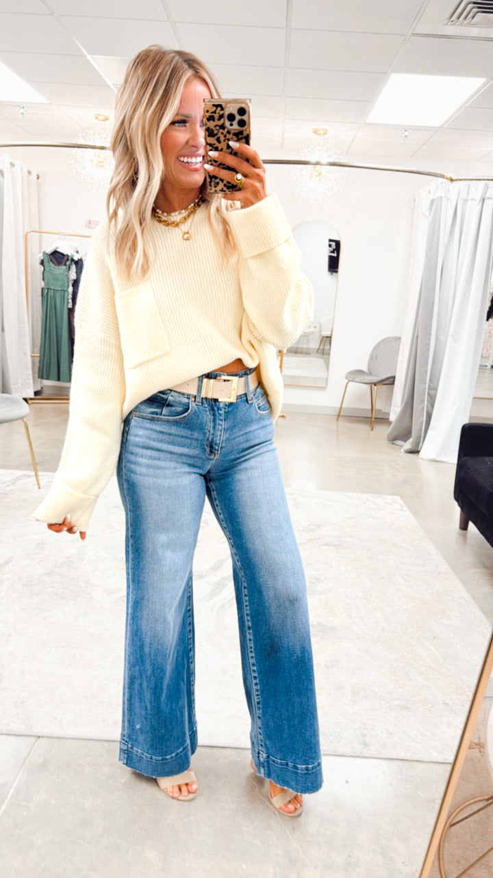 Oversized Drop Shoulder Knit Sweater-Cream
