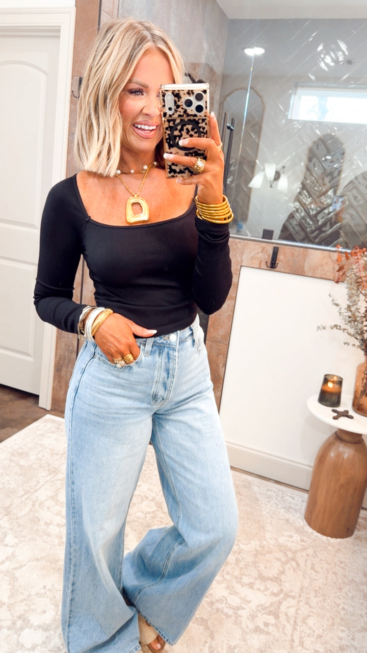 Black Ribbed Long Sleeve Square Neck Top