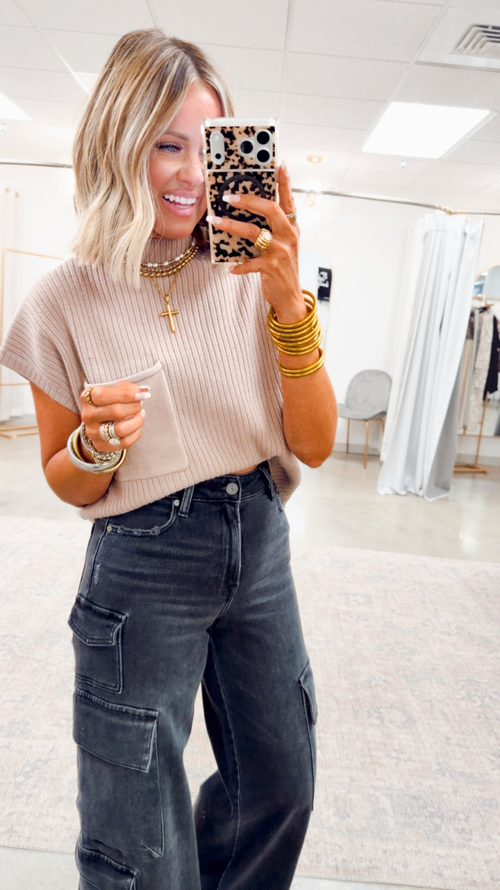 Dani Ribbed Short Sleeve Sweater-Taupe