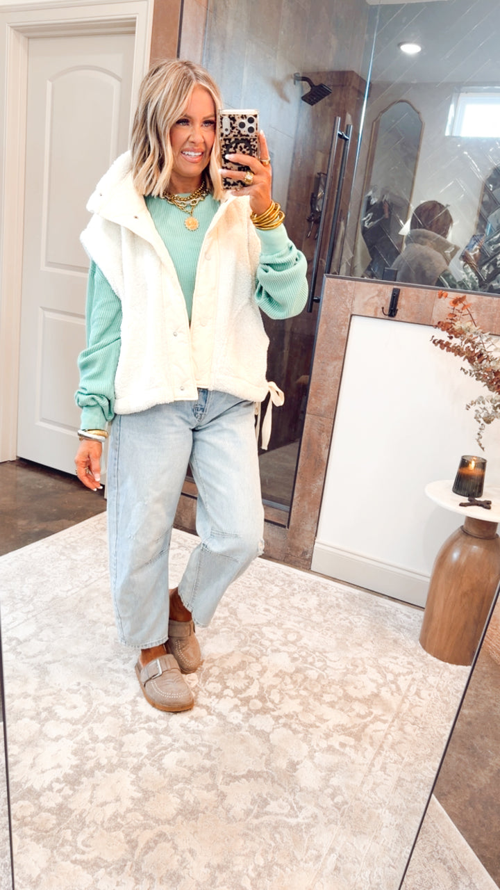 Mineral Washed Waffle Long Sleeve Top-Emerald