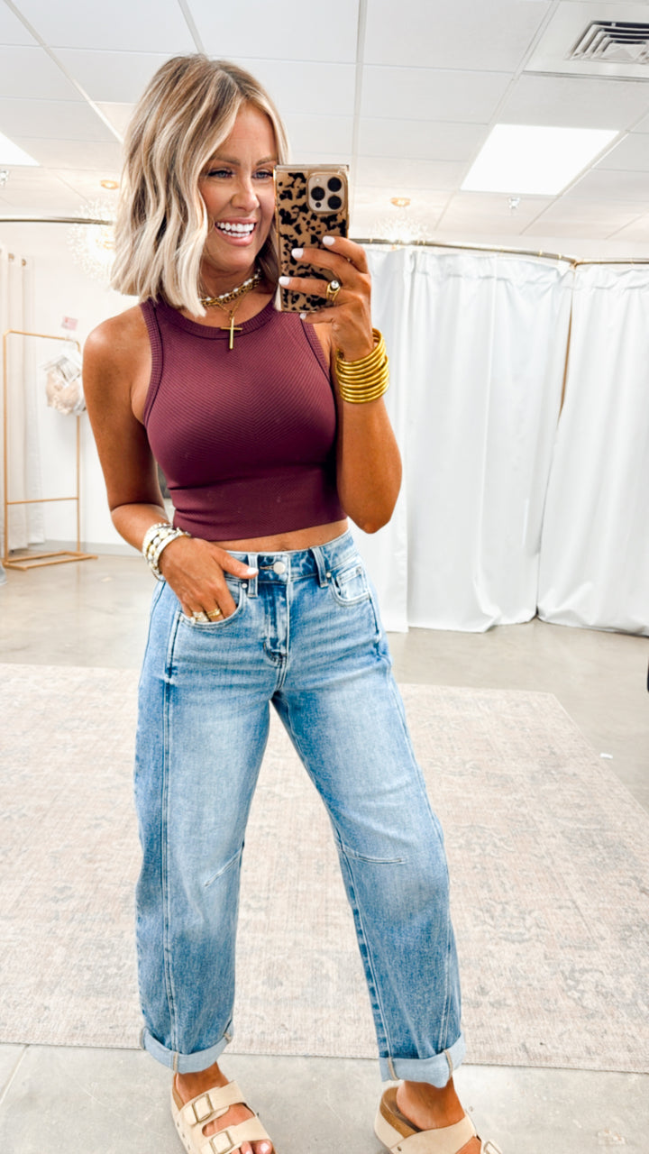 Basic Highneck Crop Top-Maroon