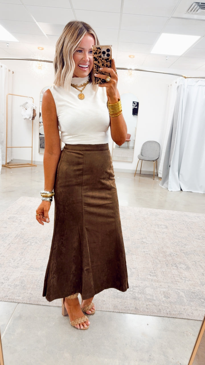 Maple Street Suede Skirt-Dark Oak