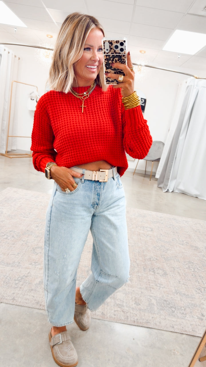 The Maren Hi-Low Waffle Knit-Ruby