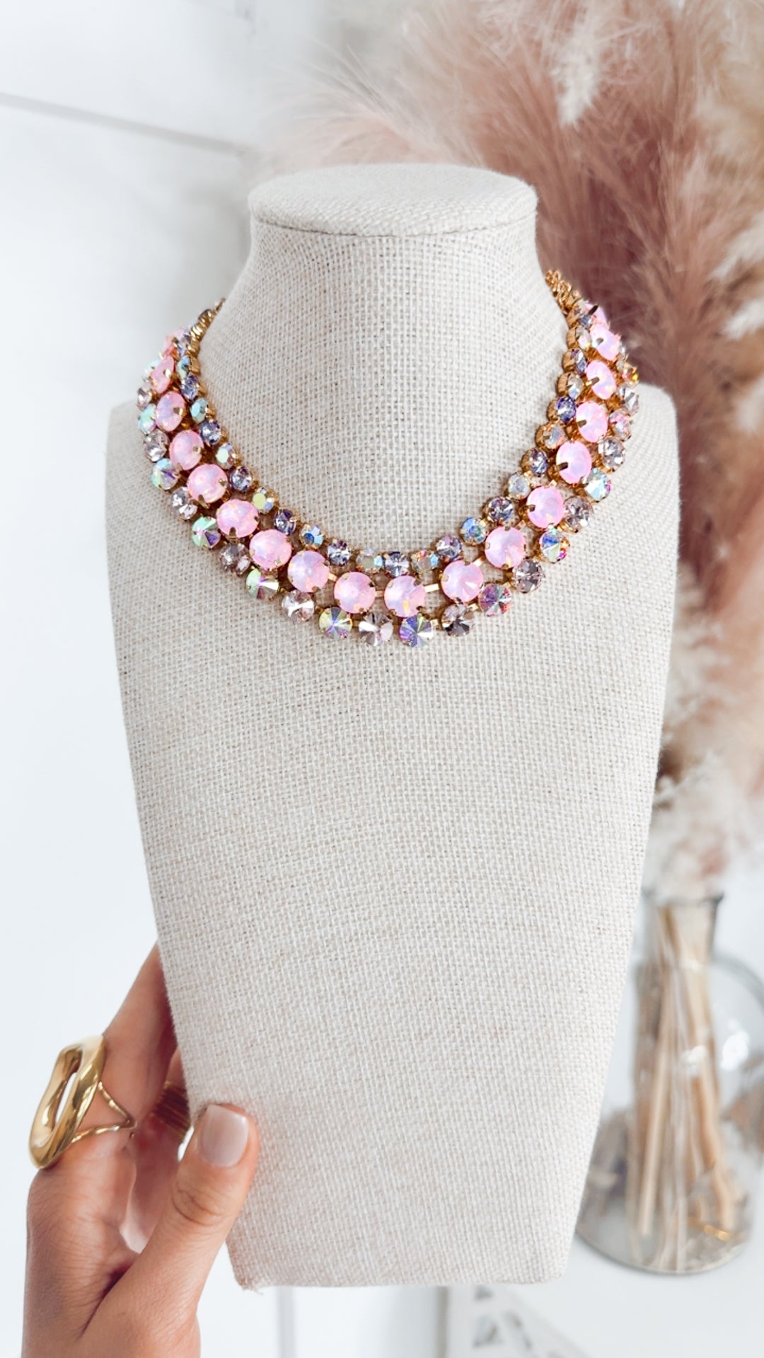 The Three Strand Crystal Necklace-Light Pink
