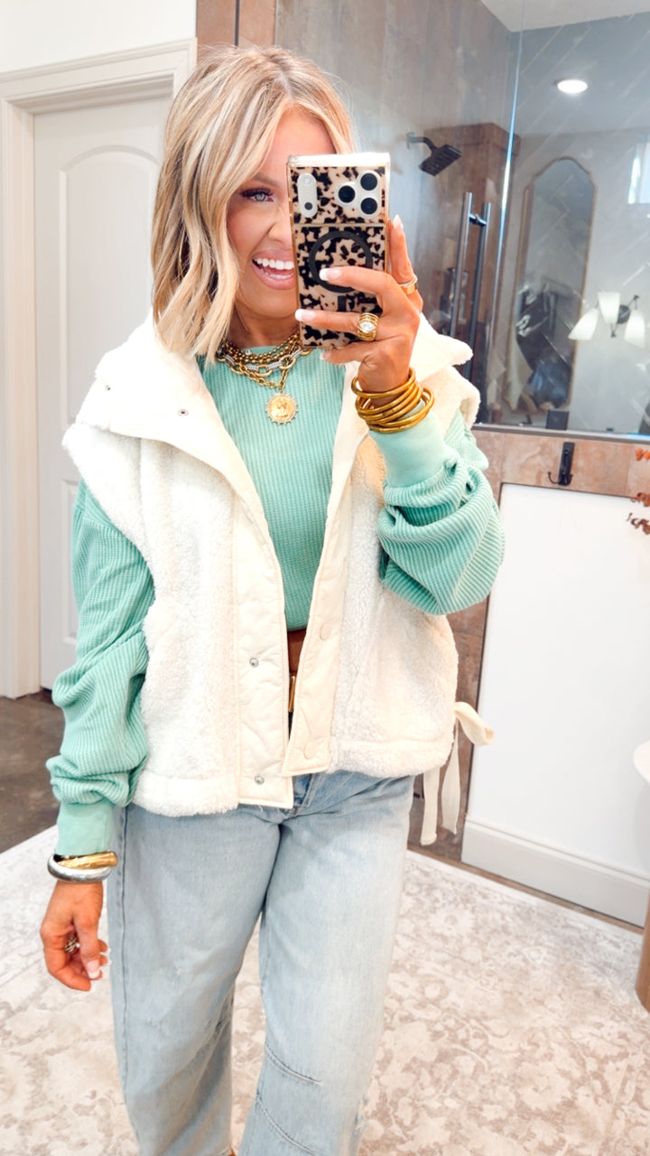 Mineral Washed Waffle Long Sleeve Top-Emerald