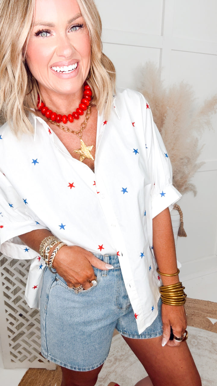 Embroidered Star Oversized Top-Red/White/Blue