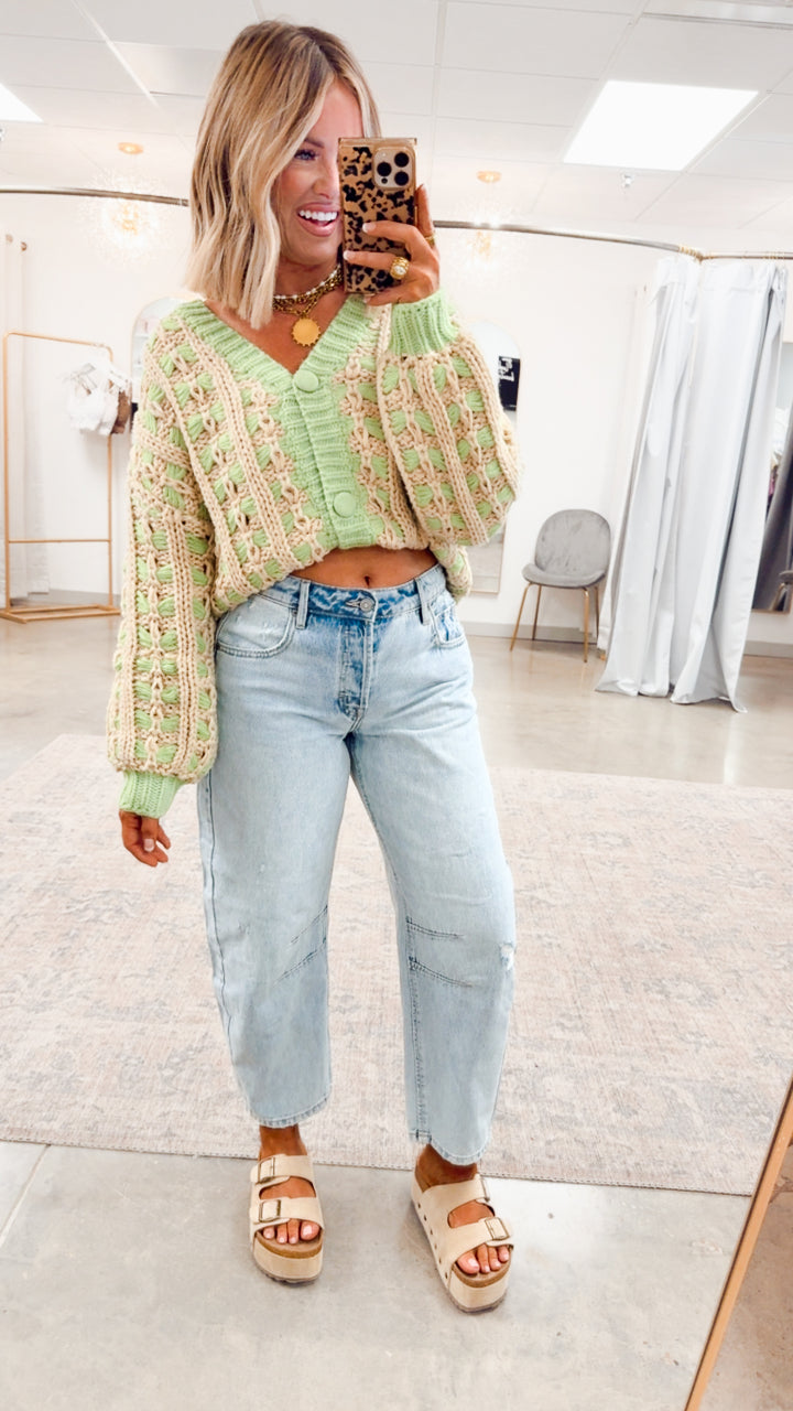 Chunky Lattice Cardigan-Green/Taupe