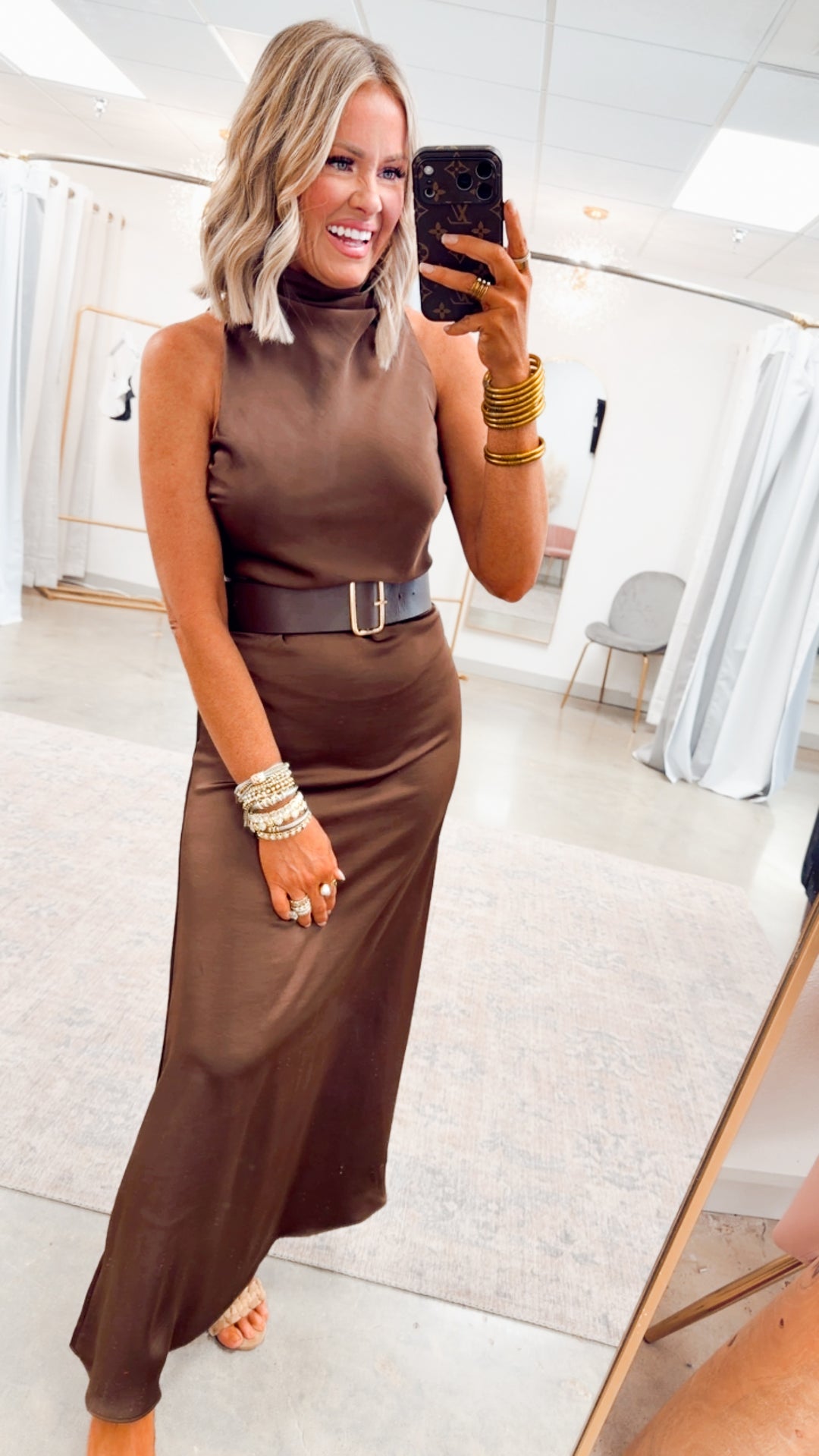 Halo High Neck Midi Dress-Brown