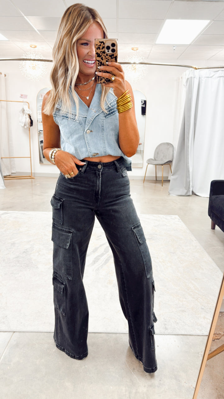 Charcoal Couture-High Rise Cargo Jeans
