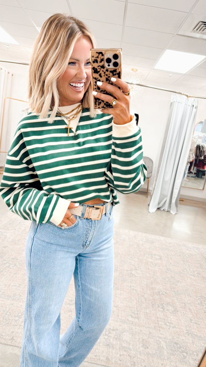 Simple Comfort Striped Top-Green/Cream
