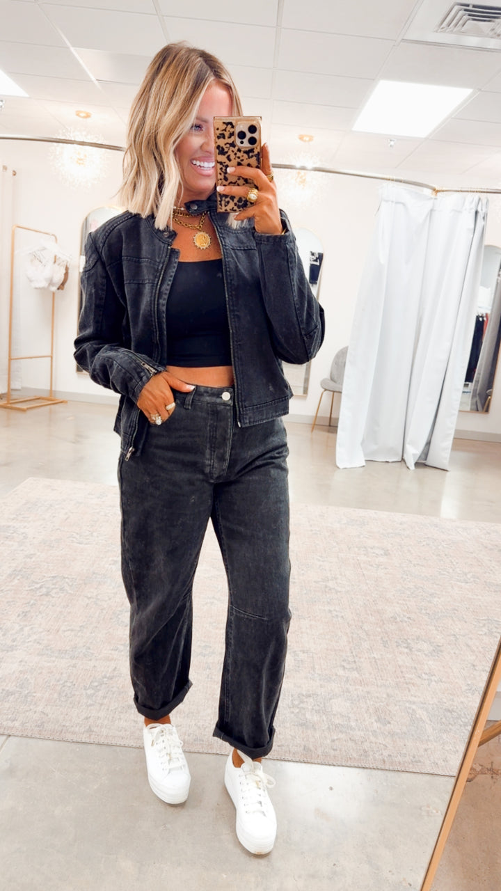 Distressed Biker Jacket-Black
