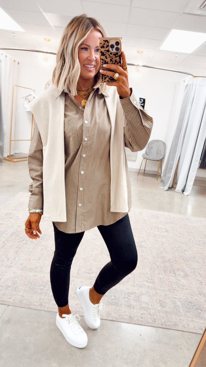 Evelyn Striped Top-Ash Olive