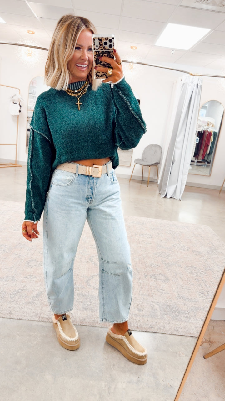 Waverly Exposed Seam Sweater-Hunter Green
