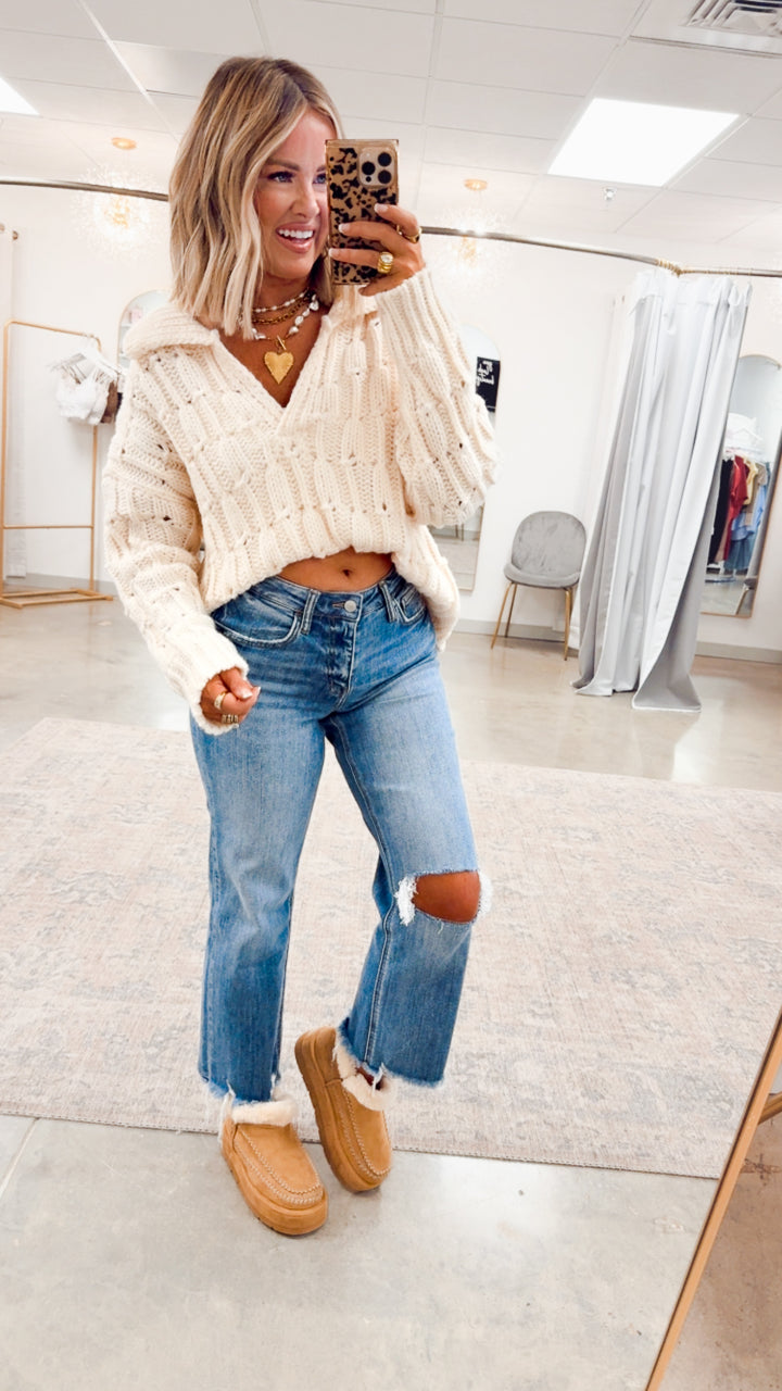 Cozy Collared Sweater Top-Cream