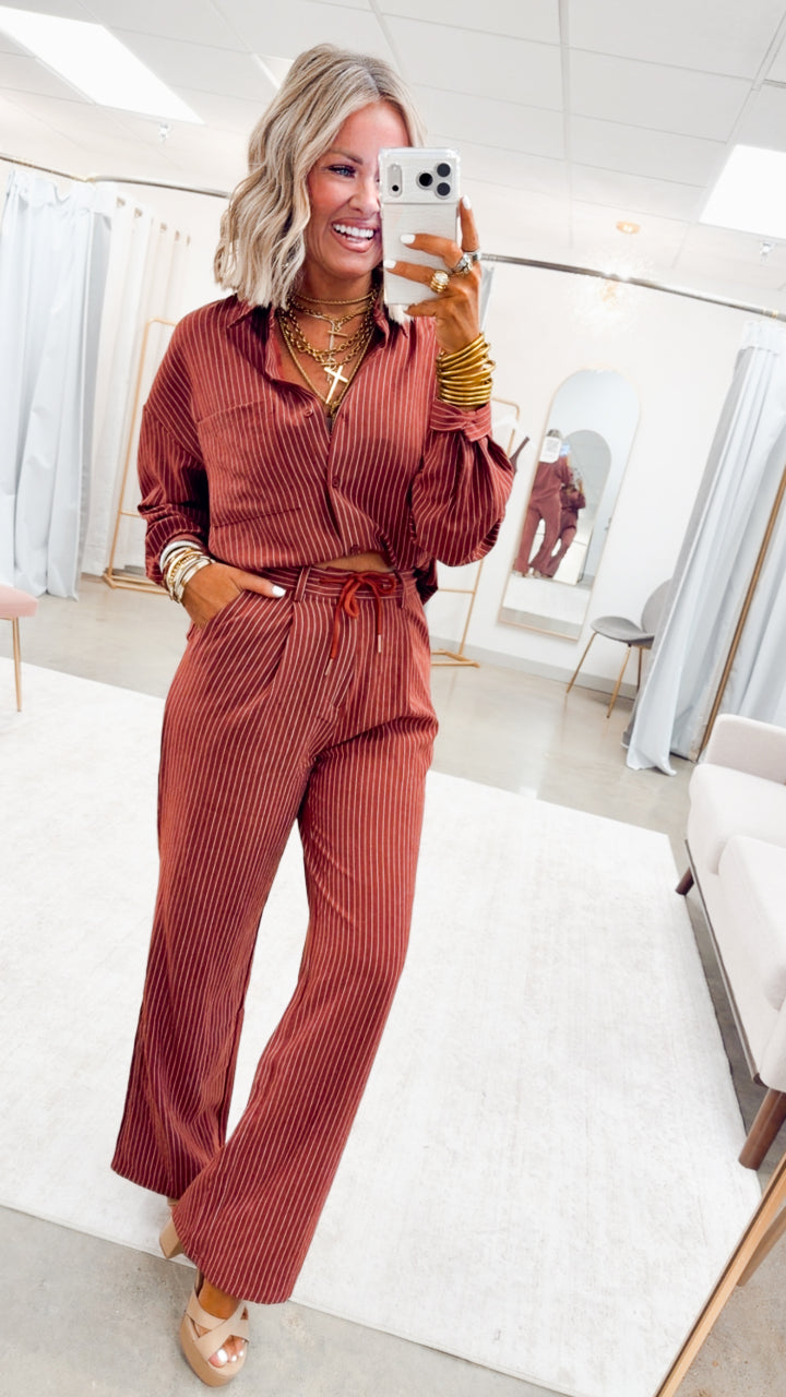 Lexi Pinstripe Top & Pants Set-Burgundy