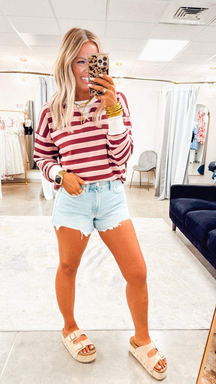 Stripebound Pullover-Wine/Pink