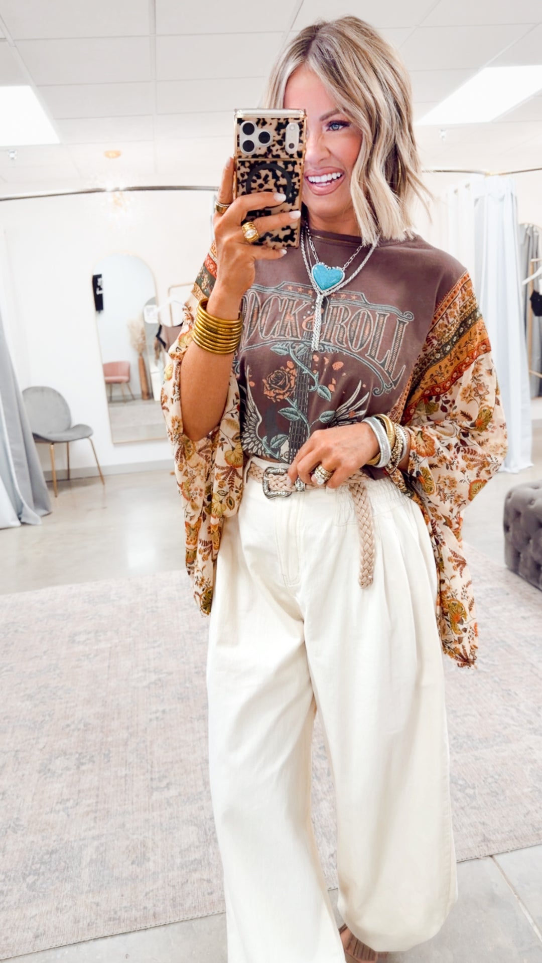 Rock N Roll Graphic Kantha Top-Brown