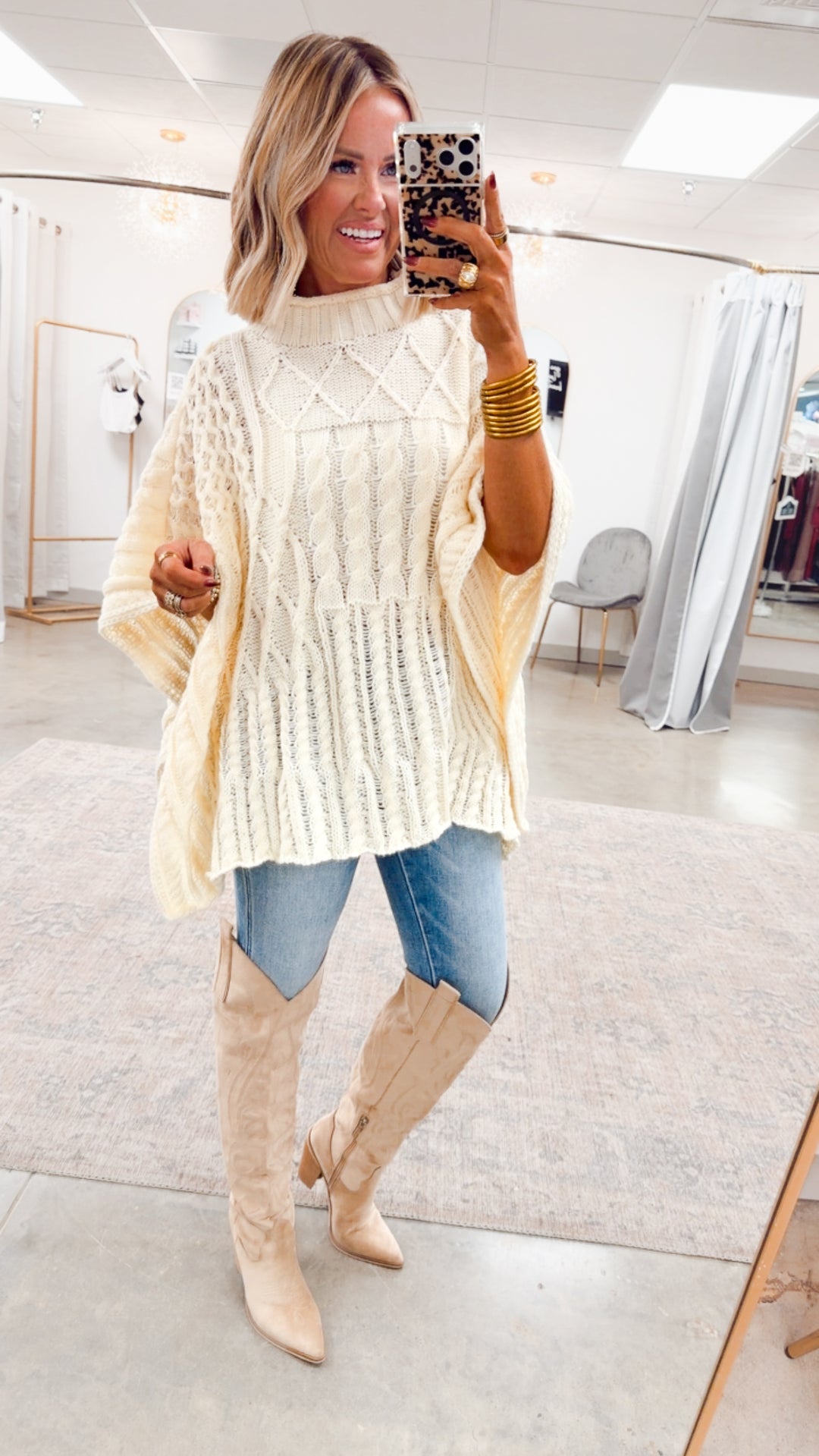 Everlyn Mock Neck Poncho Sweater-Cream