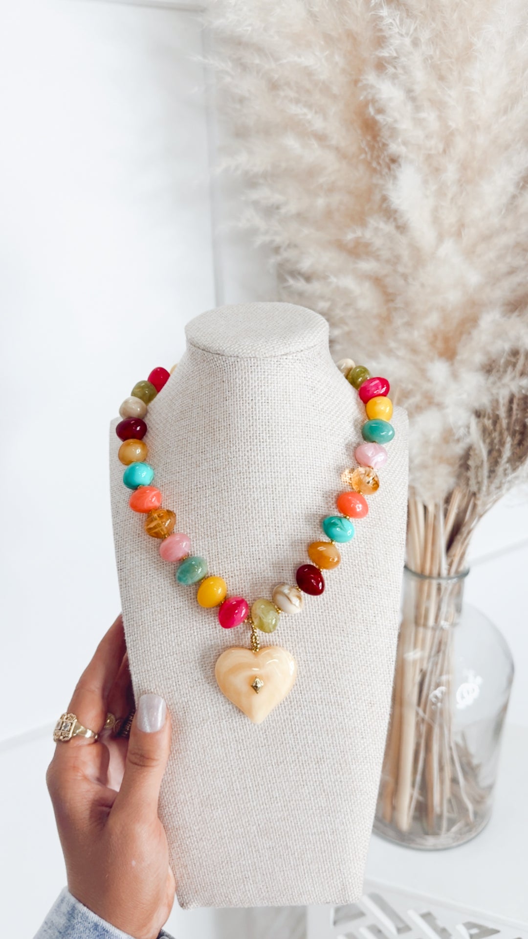 Holden Beaded Necklace with Heart Charm-Multi