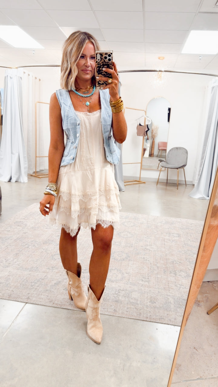 Scallop Lace Slip Mini Dress-Cream