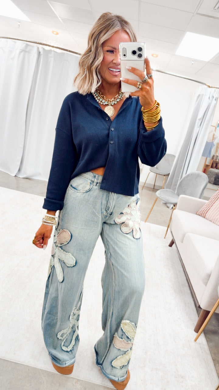 Waffle Daze Cardigan Top-Navy