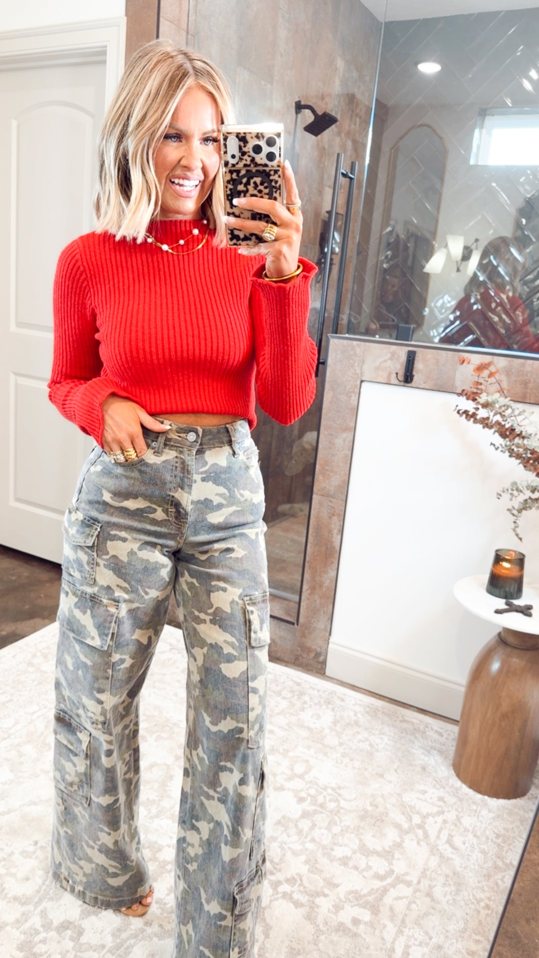 Sleek Mock Neck Ribbed Top-Red