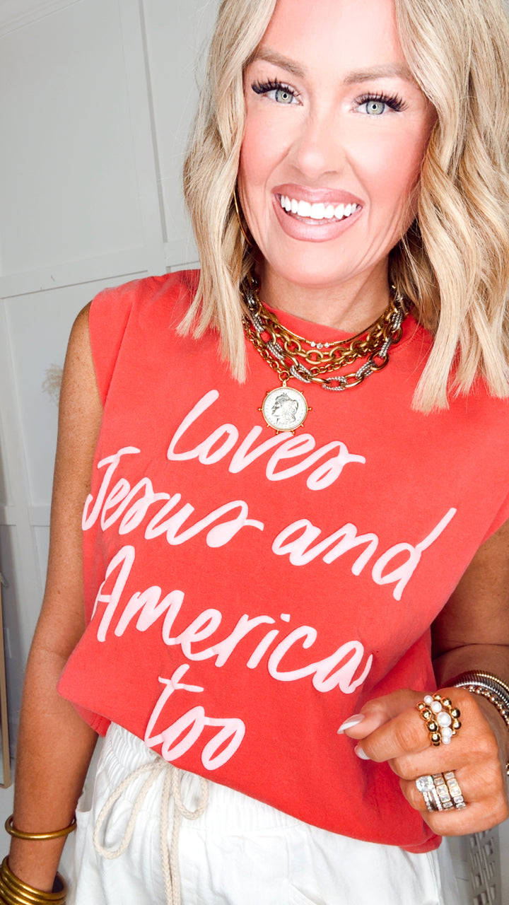 Loves Jesus and America too Muscle Tank