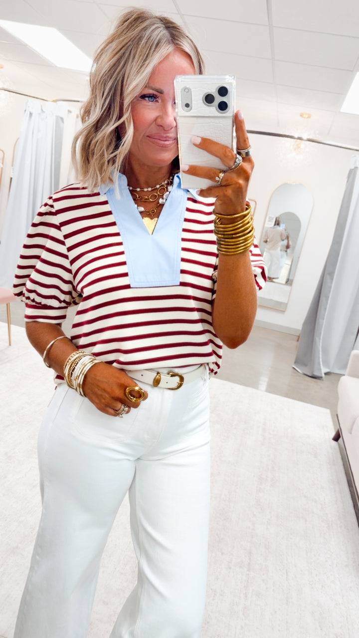 The Charlotte Stripe Top-Maroon