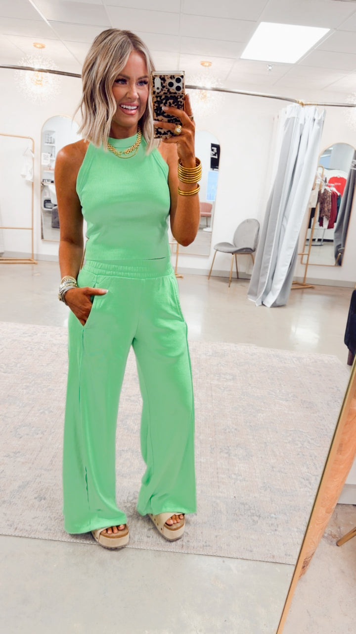 Harlow Halter Neck Crop Top & Pants Set-Lime