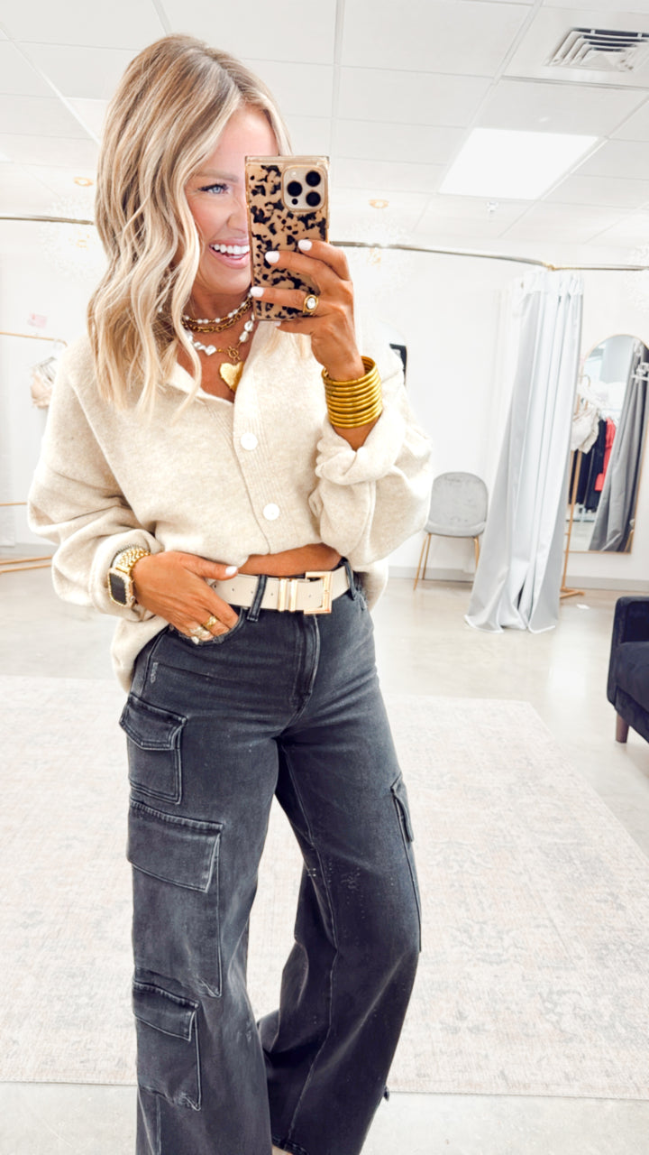 Charcoal Couture-High Rise Cargo Jeans