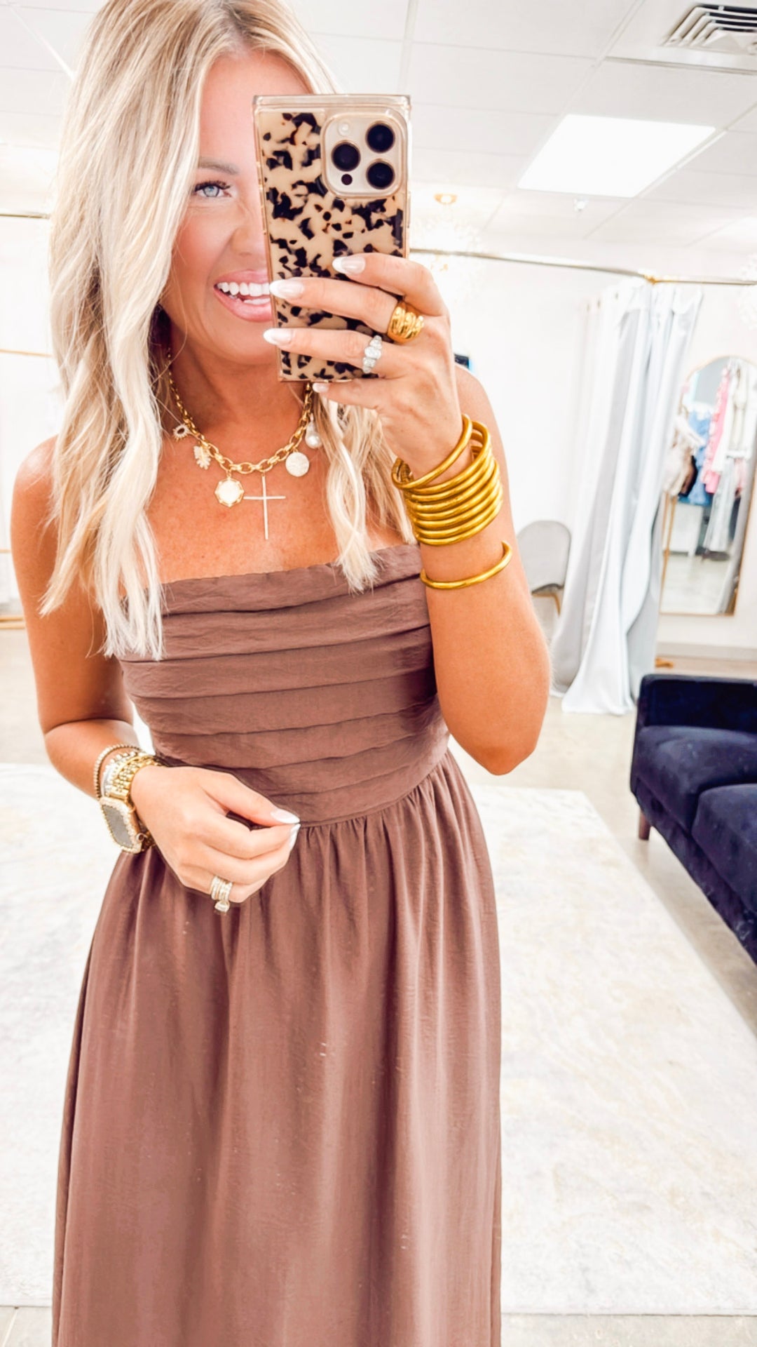 Pleated Bodice Strapless Midi Sundress- Brown