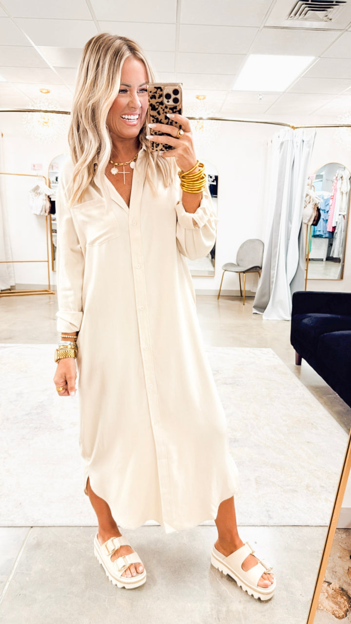 The Elle Oversized Midi Shirt Dress- Taupe