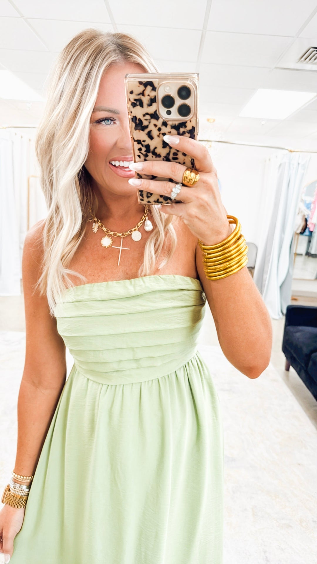 Pleated Bodice Strapless Midi Sundress- Green