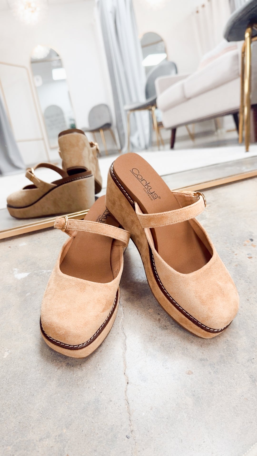Corkys Me Time Wedge-Camel Faux Suede