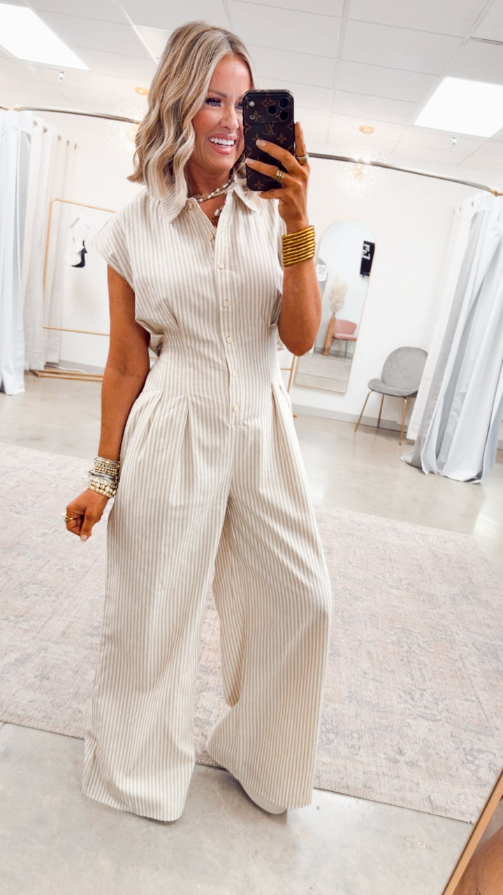 The Boardwalk Stripe Jumpsuit-Taupe